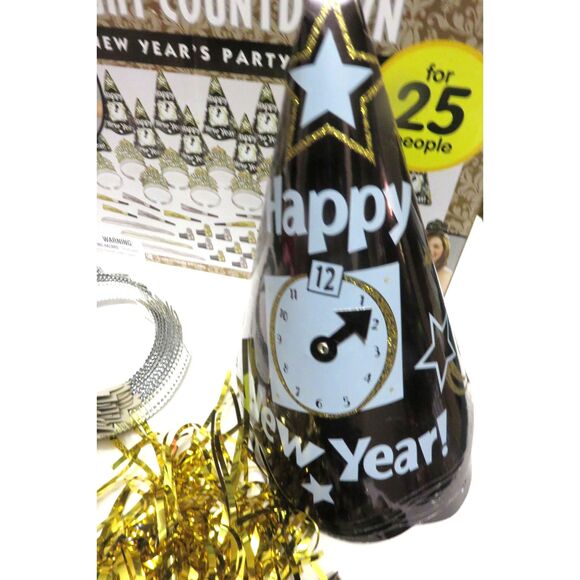 NEW YEAR'S EVE/EVENT PARTY KIT BLACK/SILVER HAT/SILVER BEADS (KIT FOR 12 PEOPLE) - Picture 4 of 5